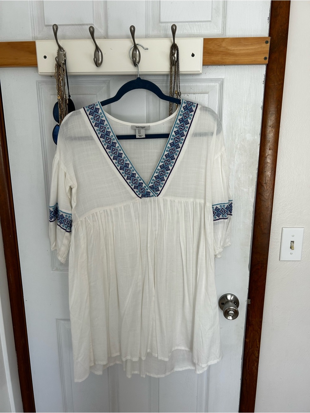 Haute Hippie White Embroidered V-Neck Tunic with Blue Trim